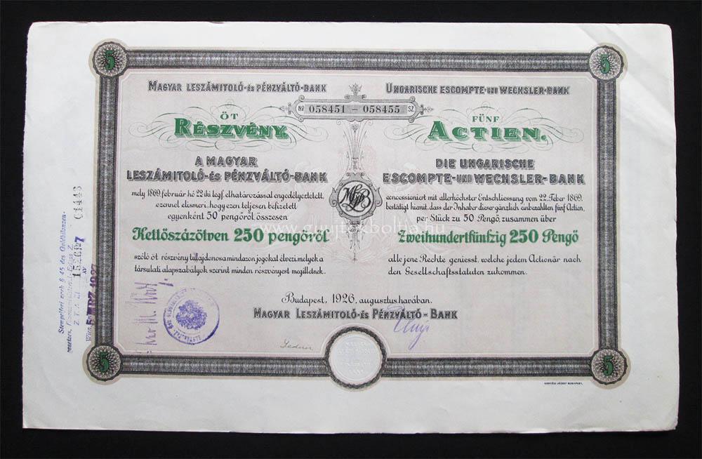 Magyar Leszmitol s Pnzvlt Bank rszvny 50 peng 1926